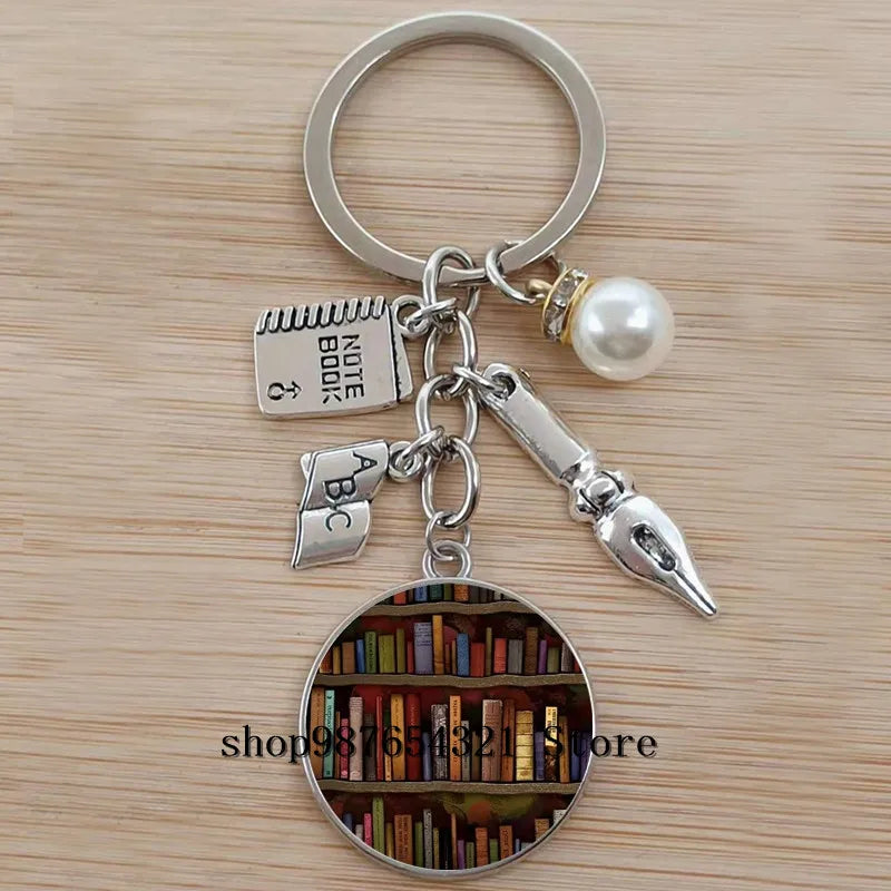 Classic Library Books Keychain Vintage Old Books Key Chain Librarians Key Ring Gift for Nerd Bookworm Writer Teacher