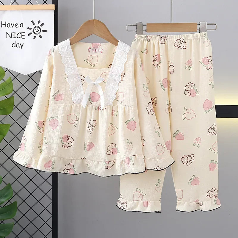 New Girls Cute Bowknot Heart Cartoon Rabbit Pajamas Long Sleeve V-neck Sleepwear Kids Spring Summer Casual Clothing Sets Pyjamas