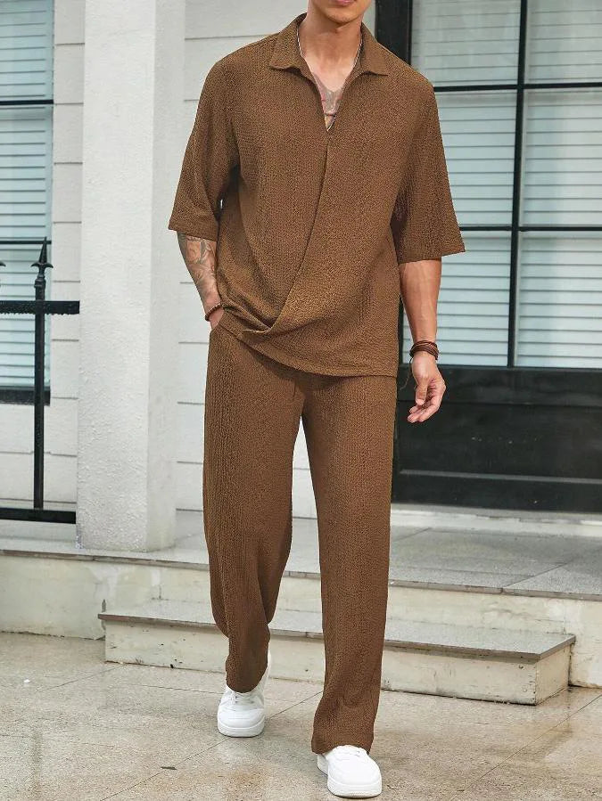 Summer Men's Set Half Sleeved Shirt and Long Pants Two-piece Turn-down V-neck Casual Streetwear Holiday Loose Suit Hot Sales