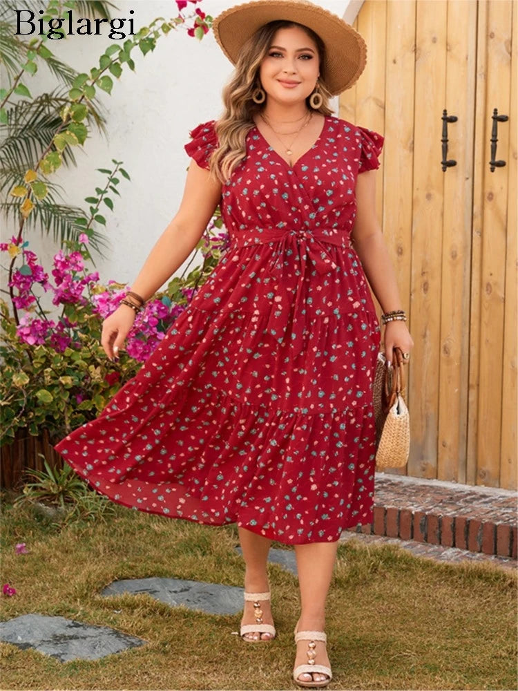 Plus Size Summer V-Neck Midi Dress Women Flower Print Fashion Loose Ladies Dresses Ruffle Pleated Woman Sleeveless Dress