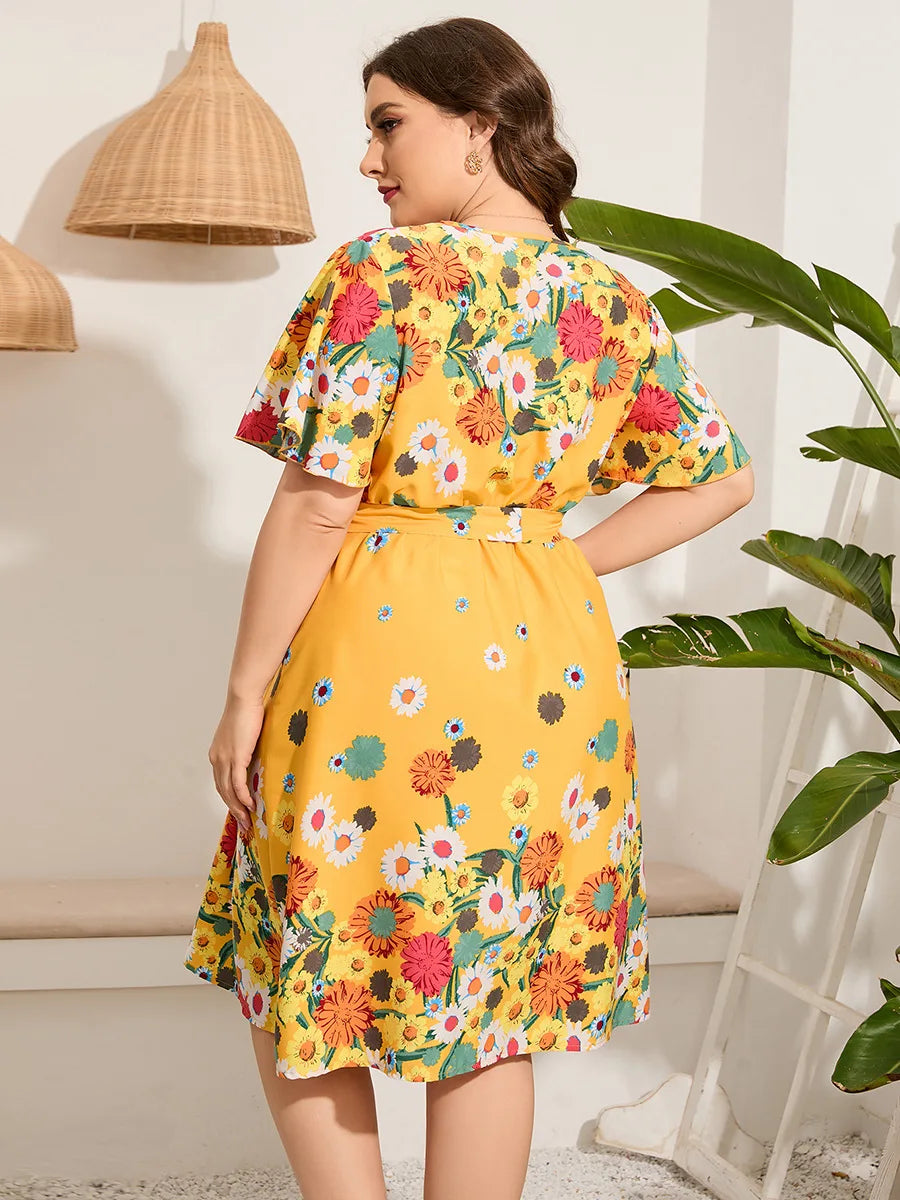 2025 Casual V-Neck Floral Print Plus Size Dress Women Short Sleeve Lace-Up Large Midi Dress Lady Chubby Curvy Pleated Long Dress
