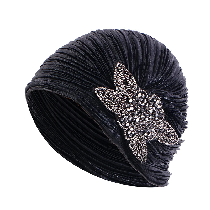 New Rhinestone Flower Turban For Women Elegant Pleated Skull Cap Muslim Hijab Hat Headwraps Elastic Ramadan Beanies Chemo Cap