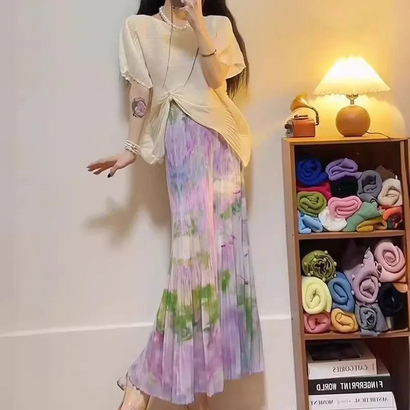 Pink Shirt Half Skirt Set for Women's 2024 Summer New Item, Cool and Zen Style Two-piece Set Miyake Casual Style