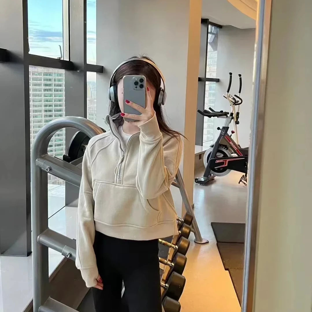 Lemon Women Sportswear Jacket Half Zip Long Sleeve Loose Warm Scuba Sweatshirts Gym Workout Clothes Sport and Leisure Yoga Coat