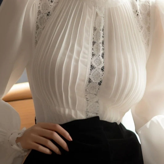 High Collar Blouse Women Blusas Femininas Elegantes Stand Tops Korean White  Shirt 2025 Spring Slim Lady Clothes