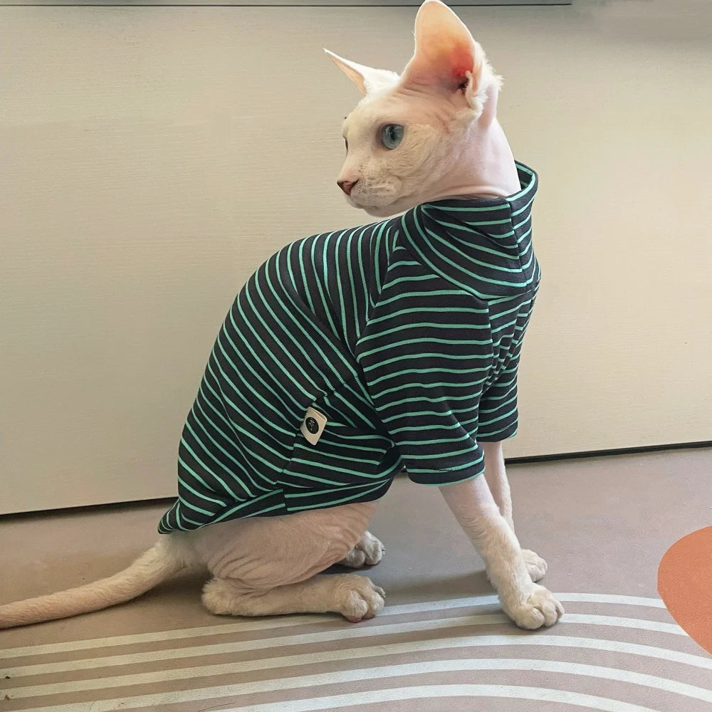 Clothing for Cat Spring Warm Striped Cotton T-Shirt Long Sleeves Coat for Sphynx Soft Green Black Jumpsuit for Kittens in Autumn
