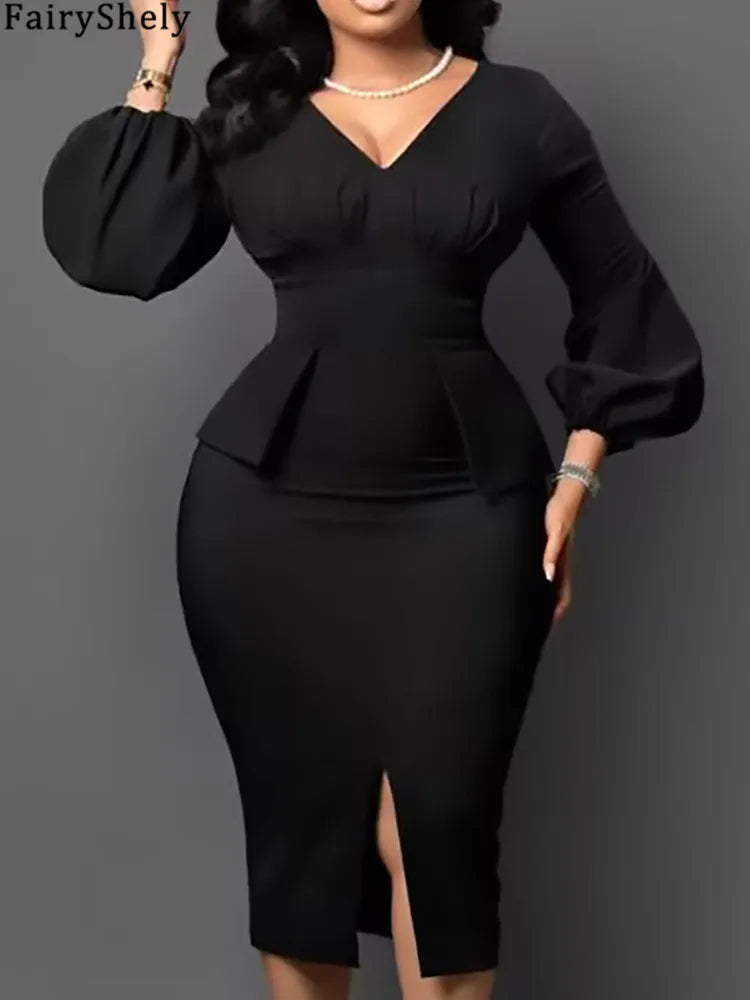 FairyShely 2025 Spring Bodycon Plus Size Dress Women Large Solid Big Sheath Dresses Lady Long Sleeve Party Tight Curvy Dress