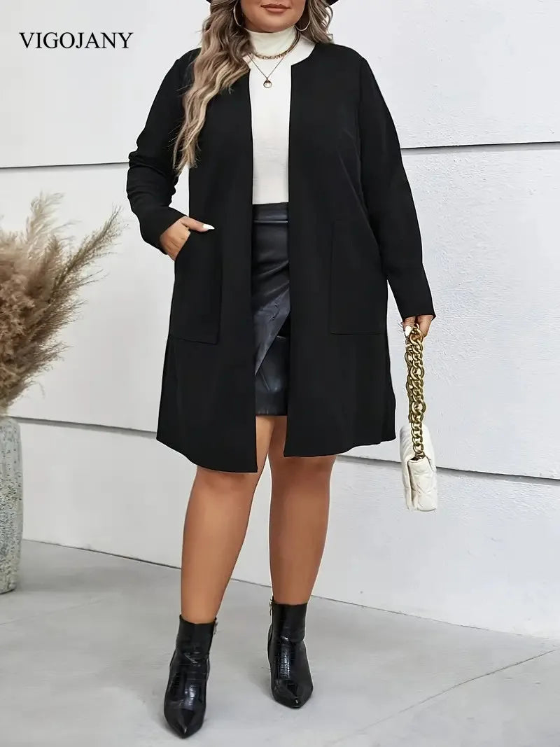 VigoJany 2025 Winter Black Plus Size Coat Women Casual O-Neck Large Long Sleeve Outwear Ladies Chubby Open Stitch Curvy Clothes