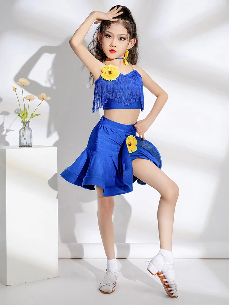 Latin Dance Outfit for Girls 2024 New Summer Children New Floral Practice Competition Clothing