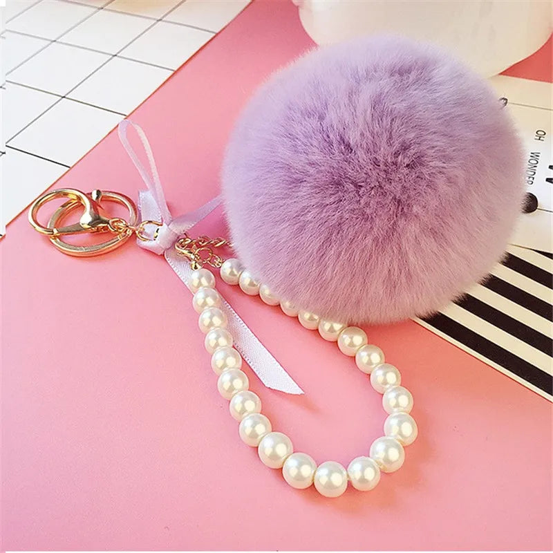 Car Women handBag Key Chain Fashion Pearl Chain Crystal Bottle Bow Pompom Keychain Fluffy Puff Ball Keychains Jewelry