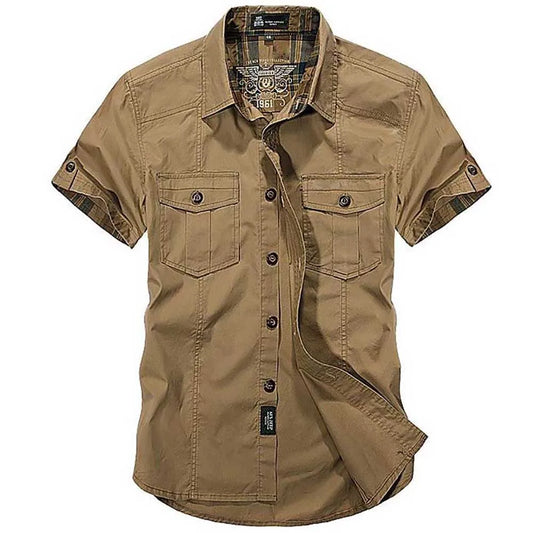 Summer Cotton Casual Shirts Men Loose Shirts Short Sleeve Turn-down Collar Military Style Male Tops mon