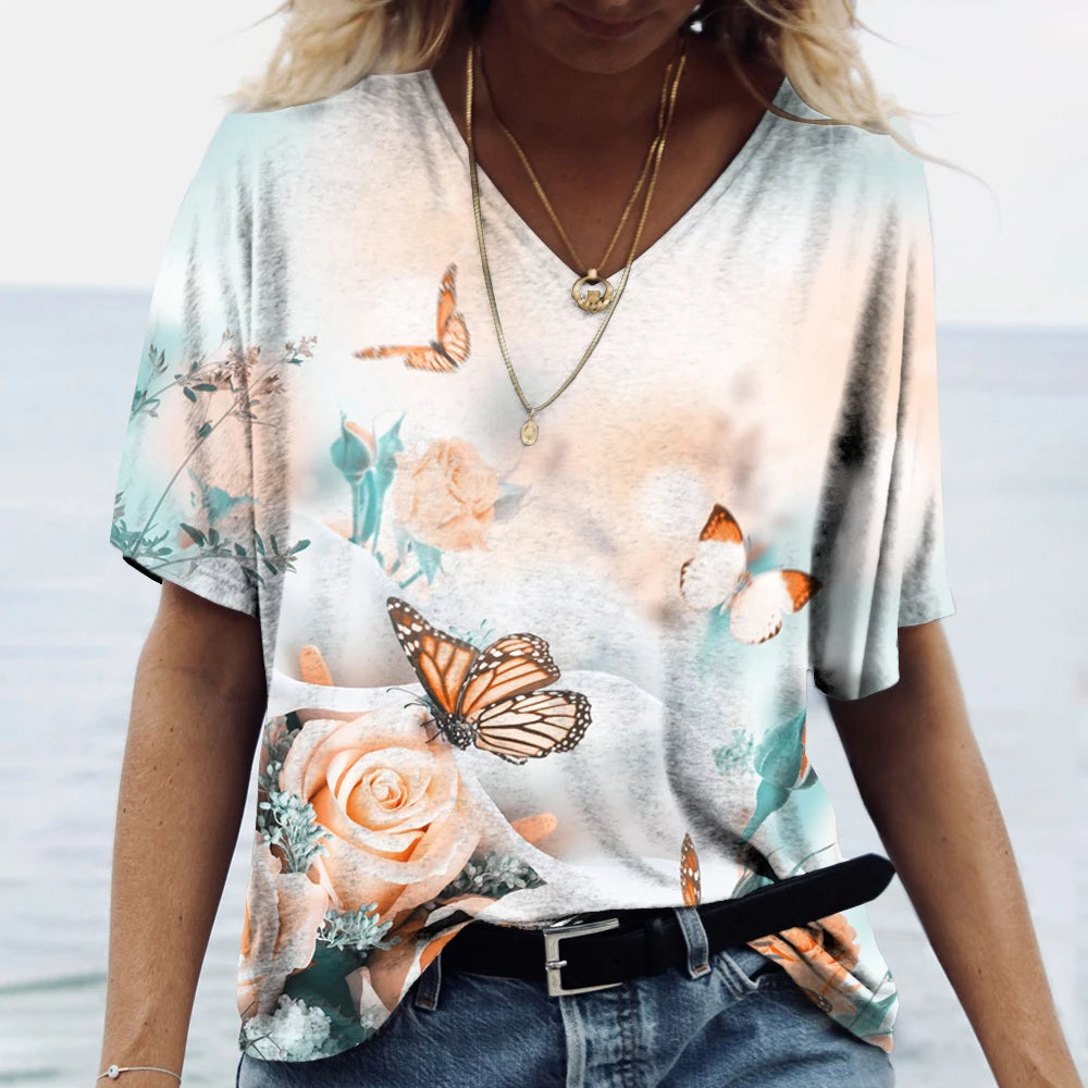 Butterfly Printed Women's T-Shirt clothes 3D V-Neck Cotton Fashion Short Sleeve Tops 2025 Casual Basic Girl's Clothing Harajuku Clothes