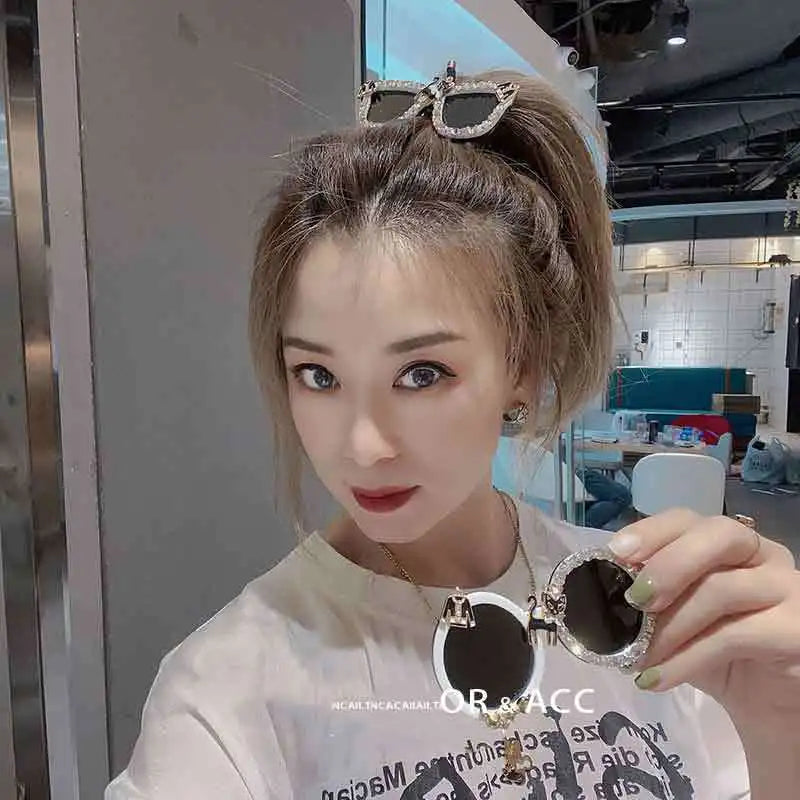 Black Sunglasses Shape Elastic Hair Bands Pins for Women Crystal Rhinestone Hairband Hair Clips Rope Tie Girls Hair Accesorios