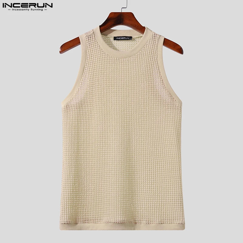 INCERUN Men Tank Tops Mesh Hollow Out See Through Solid Vests Summer Streetwear 2024 Fitness Fashion Casual Men Clothing S-5XL