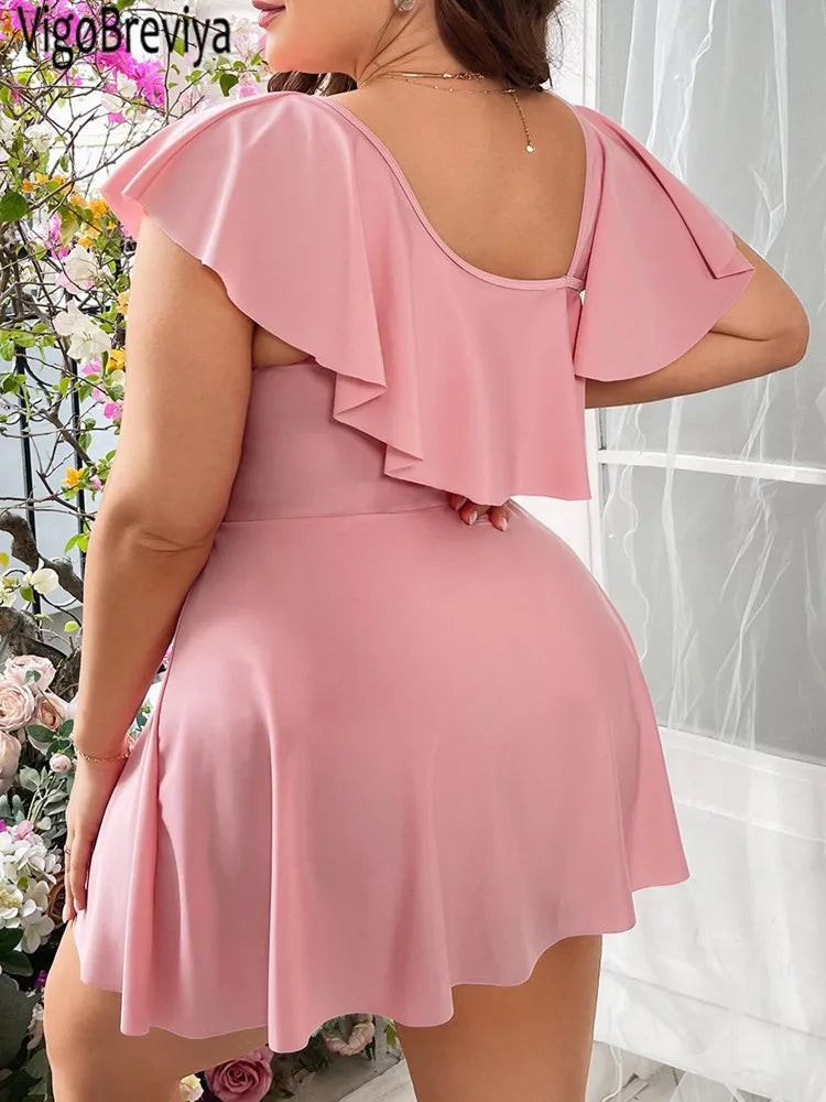 VigoBreviya 2025 Pink 2 Piece Plus Size Tankini Women Ruffle Short SLeeve Curvy Swimsuit Brazilian High Waist Lady Bathing Suit