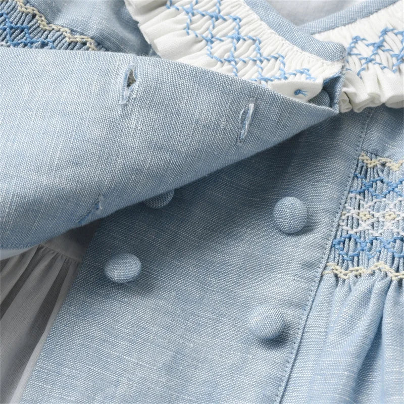 2024 Kids Spanish Dress Girls Hand Made Smocking Blue Dress with Ruffle Collar Sleeeve Baby Smocked Embrodiery Dresses