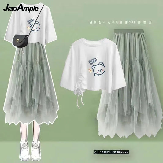 2024 Summer New Korean Elegant Cute Short Sleeved T-shirt+Mesh Midi Skirt Two Piece Suit Women's Loose Top Dress Matching Set