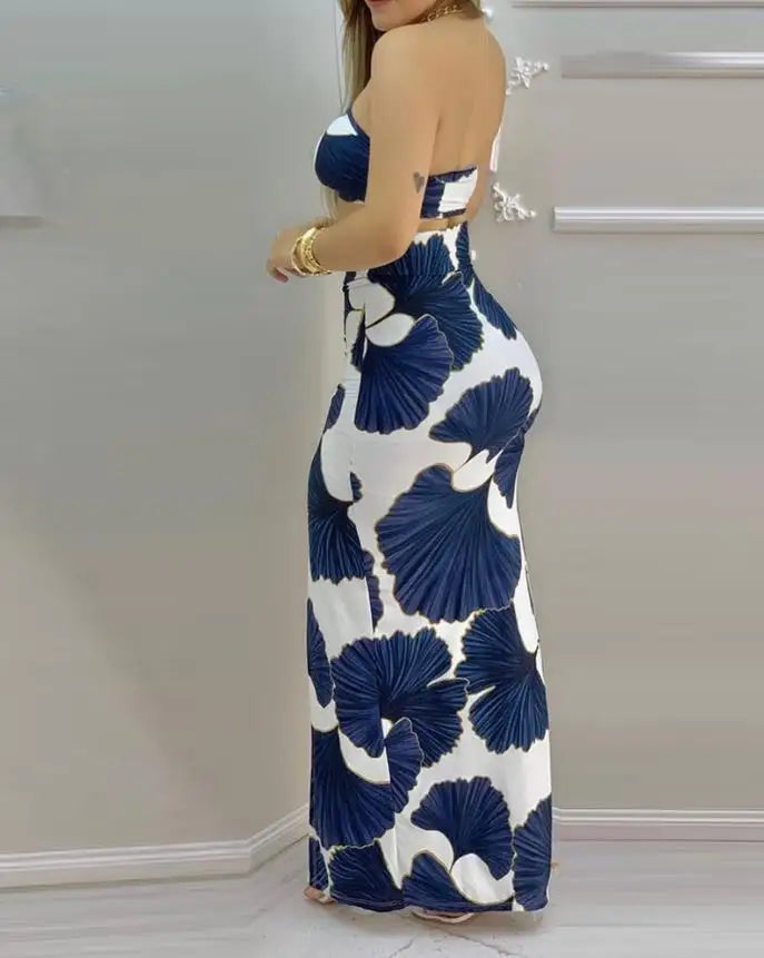 Elegant Two-Piece Women's Summer Dress Set with Ginkgo Print Strapless Short Top and Drawstring High Slit Casual Long Dress Set