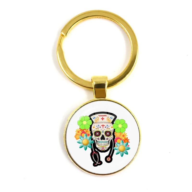 Fashion Colorful Sugar Skull Keychain Mexico Folk Art Patterns Glass Pendant Key Chain Jewelry Holiday Gift