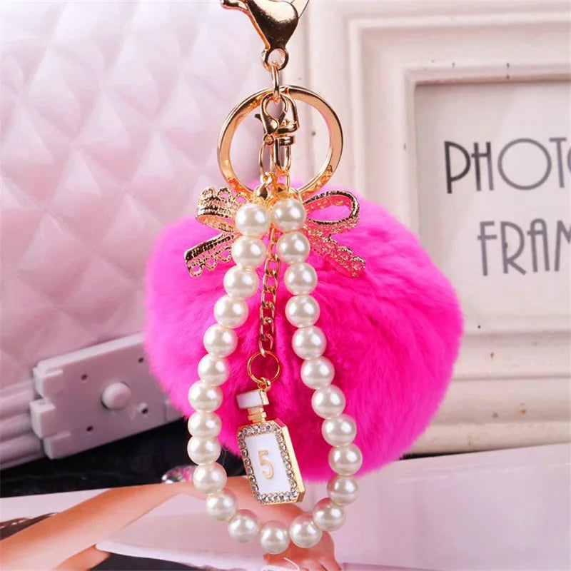 Car Women handBag Key Chain Fashion Pearl Chain Crystal Bottle Bow Pompom Keychain Fluffy Puff Ball Keychains Jewelry