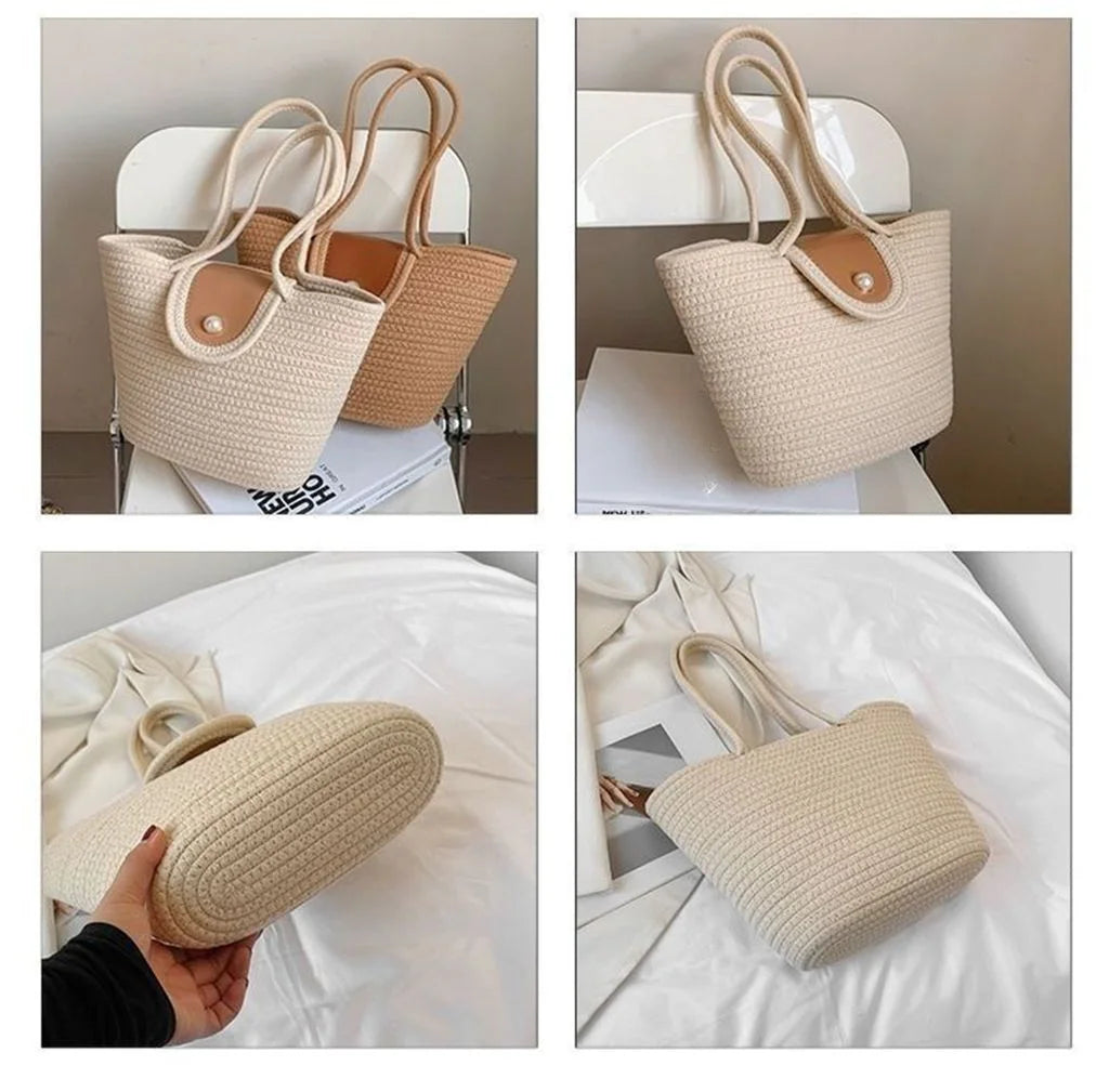 Woven Cotton Shoulder Bags for Women Summer Beach Bag Purse Female Handbag