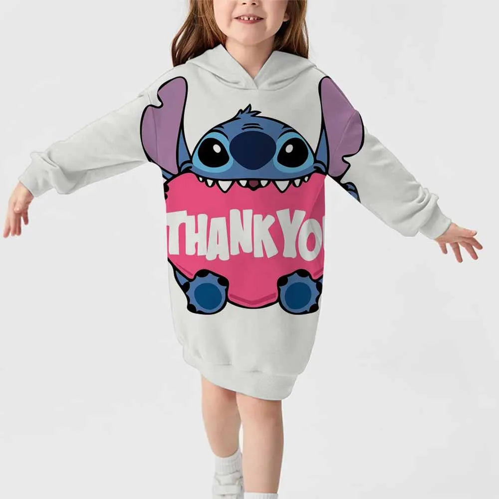 2024 neuer Disney-Stichmuster-Kapuzenrock für Herbst und Winter für Mädchen, süßes, bequemes Langarm-Kapuzenpulloverkleid 