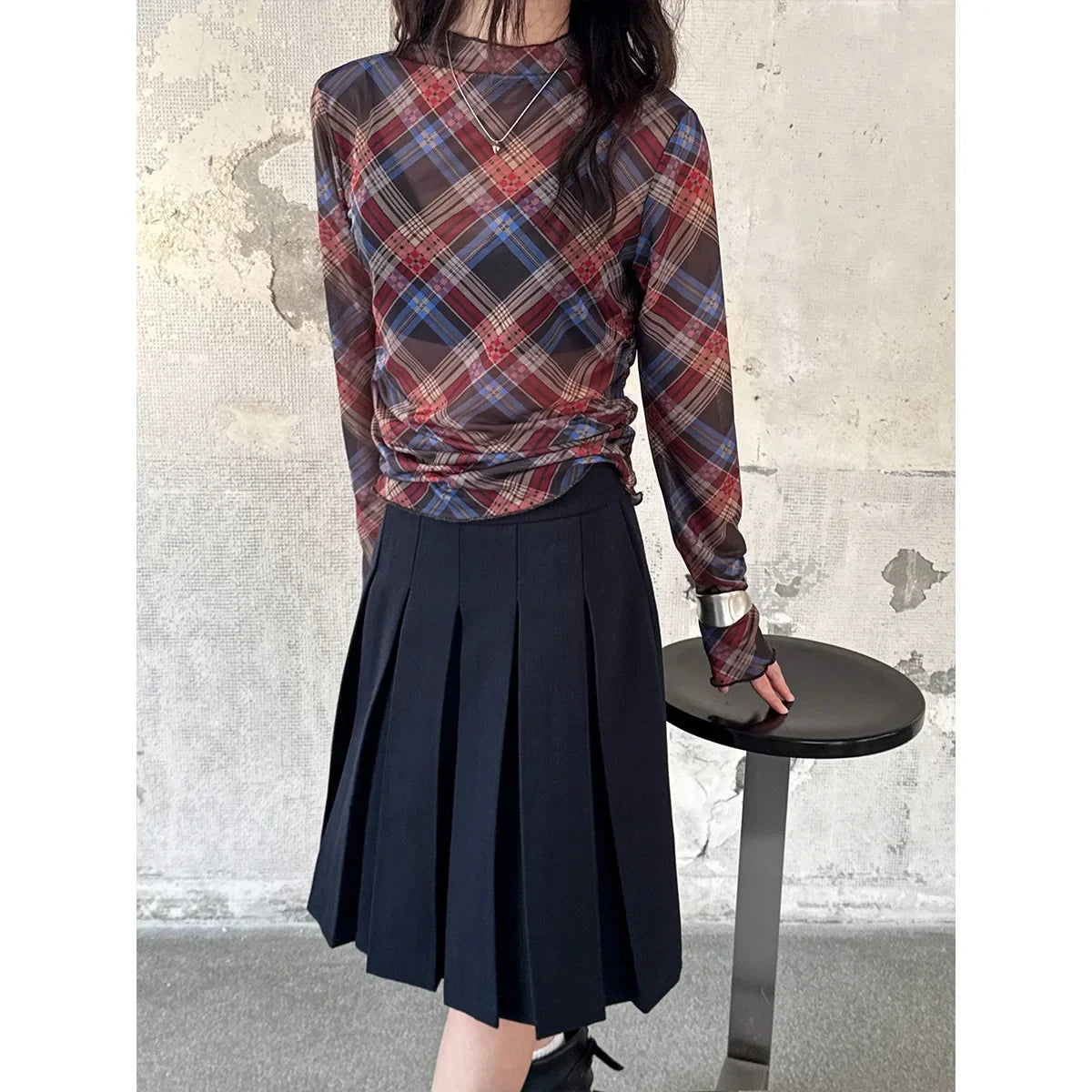 Women Clothes American Style Plaid Mesh T-shirt 2025 Spring Design Spice Girls Pleated Slimming Fashionable Casual Top