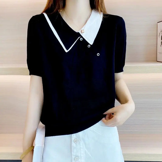 With Collar Plain Top Fitted Women's Y2k Pullover New Products Knit Black Fashion T Shirt Petite Female Polo Neck Tee Shirts Hot clothes