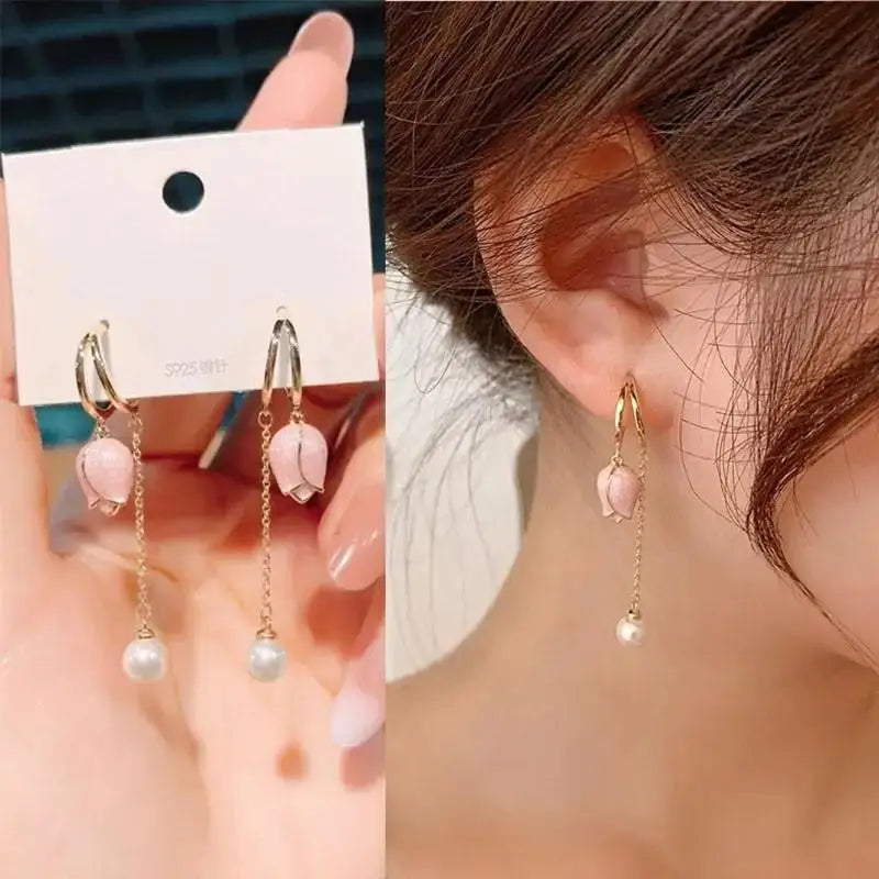 925 Silver Needle Korean Fashion Crystal Heart Earrings For Women Jewelry 2024 Trending Women's Red White Pearl Drop Earrings