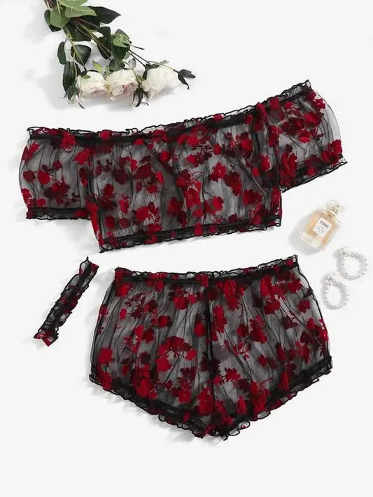 Plus Floral Pattern Sheer Mesh Lingerie Set & Choker