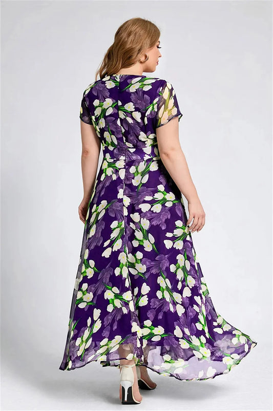 Plus Size Women Floral Printing Dress Short Sleeve Round Neck Chiffon A-line Female Elegant Fashion Summer Dresses 2025