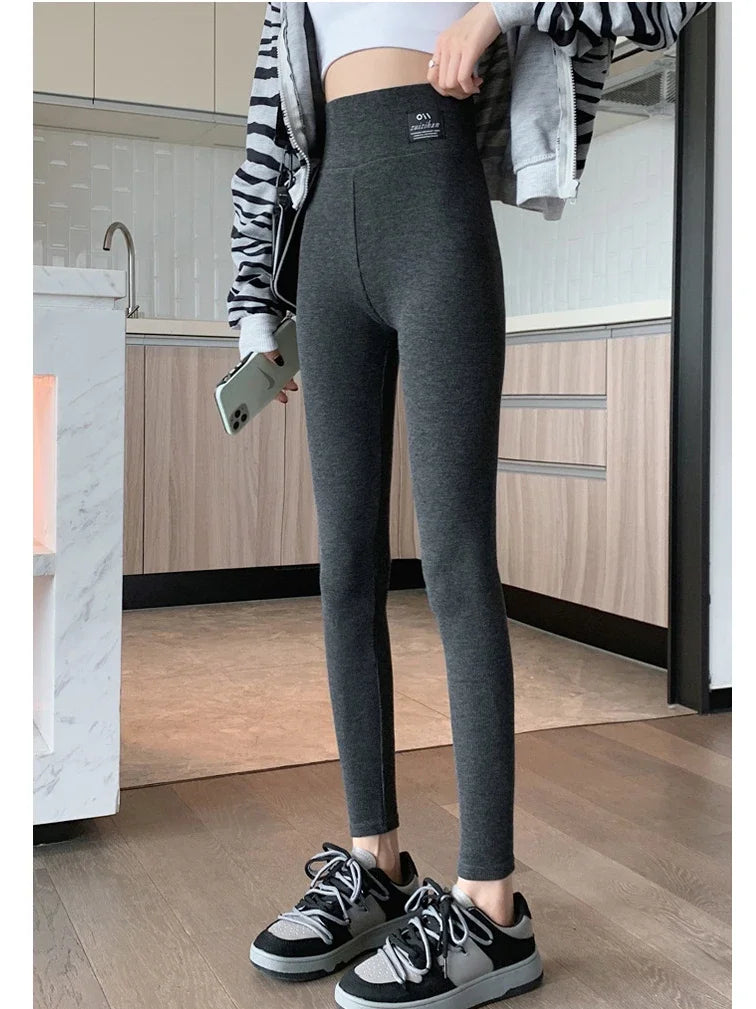 2024 Autumn Thin Ribbed Leggings for Women Basic Slim Pencil Pants Soft Girls High Wait Black Warm Leggings Home Stretch Pants