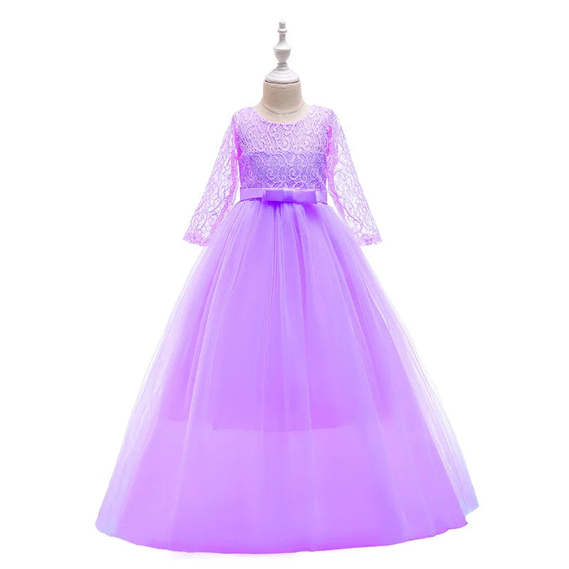 Girls Lace Embroidered Bow Princess Dress Long Sleeve Tulle Gown For Toddler First Communion Bridesmaid Wedding Birthday Party