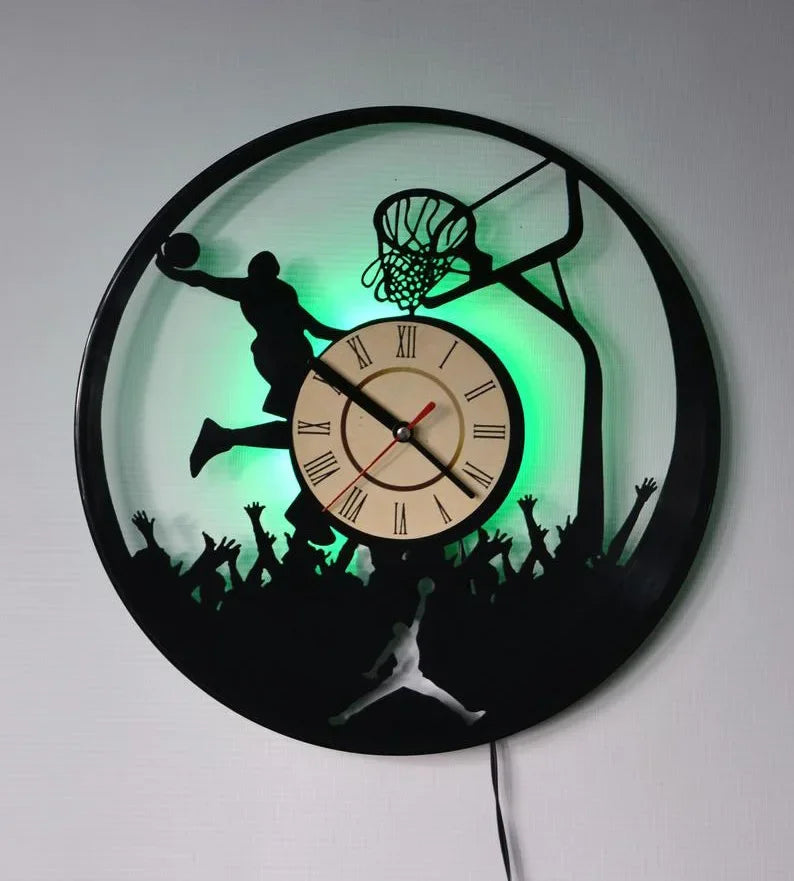 Basketball Wall Clock LED Remote Control Light Basketball Player Vinyl Record Wall Clock Dunk Basketball Home Decoration Gift