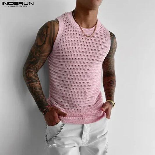 INCERUN Men Tank Tops Mesh Hollow Out See Through Solid Vests Summer Streetwear 2024 Fitness Fashion Casual Men Clothing S-5XL