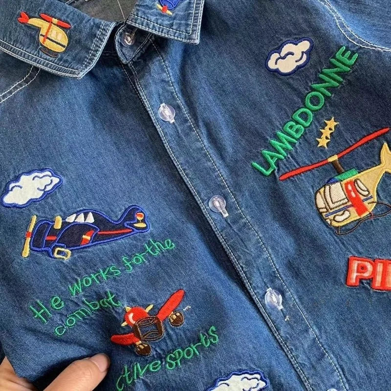 New Kids baby denim shirt cartoon letters embroidery long sleeve Tops Boys loose casual shirt Coat kids