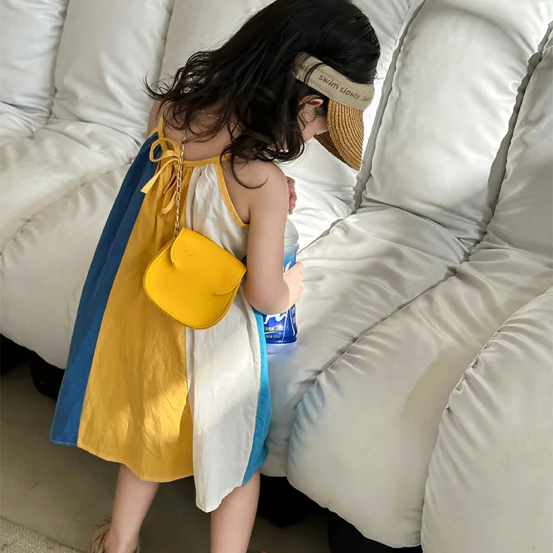 2024 New Summer Girls' Dresses Color Matching Suspender Dress Princess Dress Children's Vacation Beach Dress Baby Kids Clothing