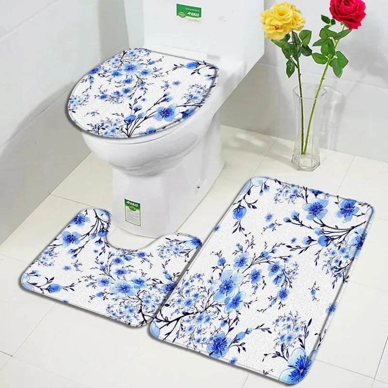 Pink cherry blossom bath mats 3PCs set plant flowers carpet modern print home bathroom decor door rug anti-slip toilet cover mat home improvement