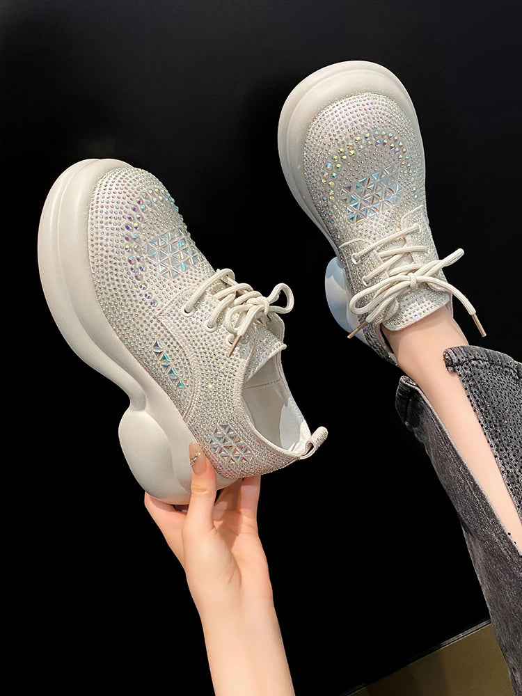 Womens Sneakers Shoes Tennis Female Platform Rhinestone Roses 2023 Trainers Sparkles Casual Fashion Thick Sole PU Crystal Leisur