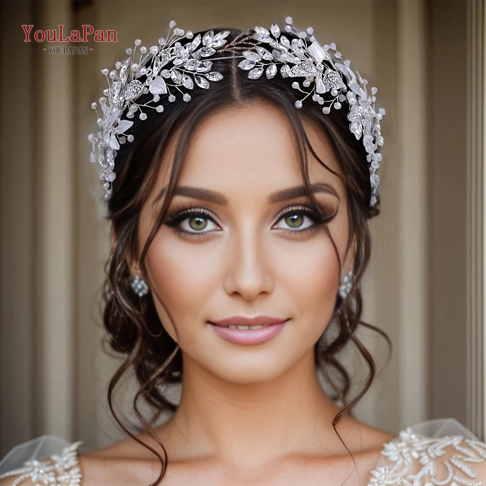 YouLaPan Crystal Bridal Headpiece Alloy Leaf Headband for Brides Wedding Hair Accessories Princess Tiara Pageant Headdress HP272
