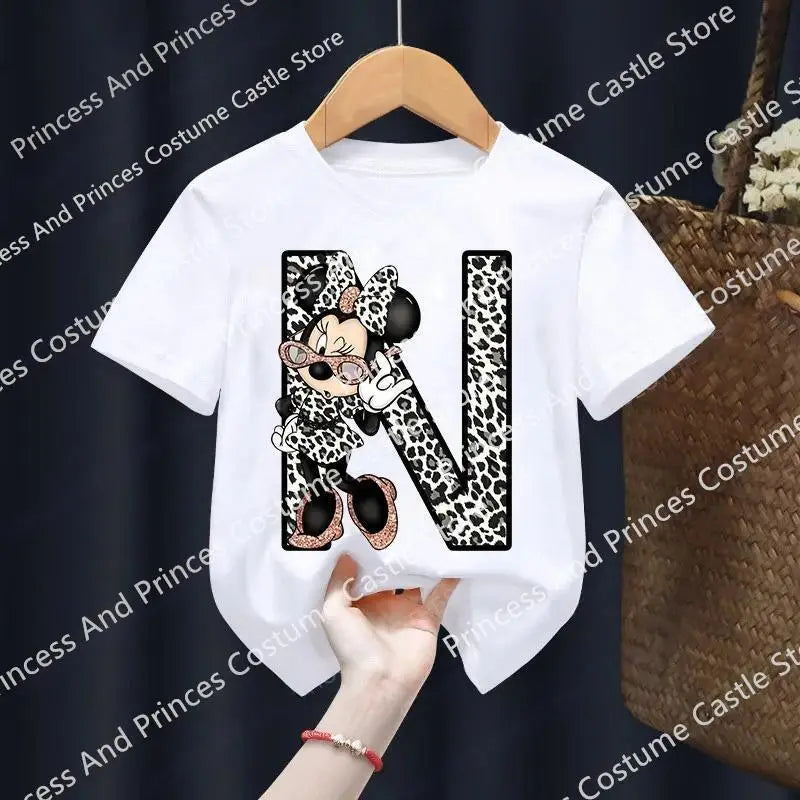 Minnie Letter A B C D Children T-shirt Kawaii Disney Clothes for Girls T Shirt Anime Cartoons Casual Kid Boy Short Sleeve Tops