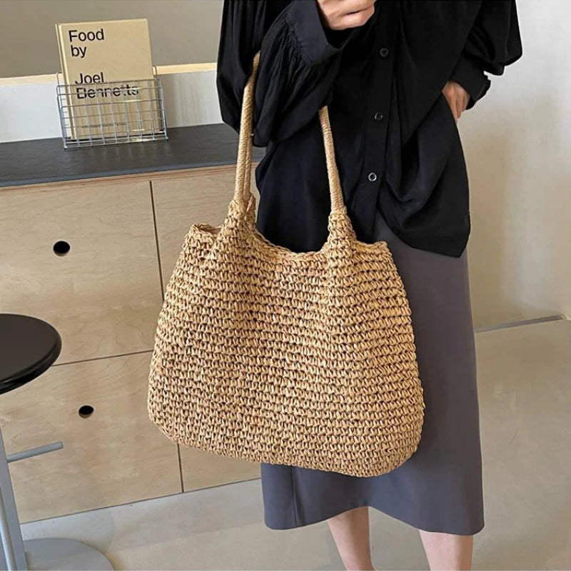 Casual Large Capacity Straw Tote Bag Simple Paper Woven Women Shoulder Bags Handmade Big Summer Beach Handbags Big Shopper Purse