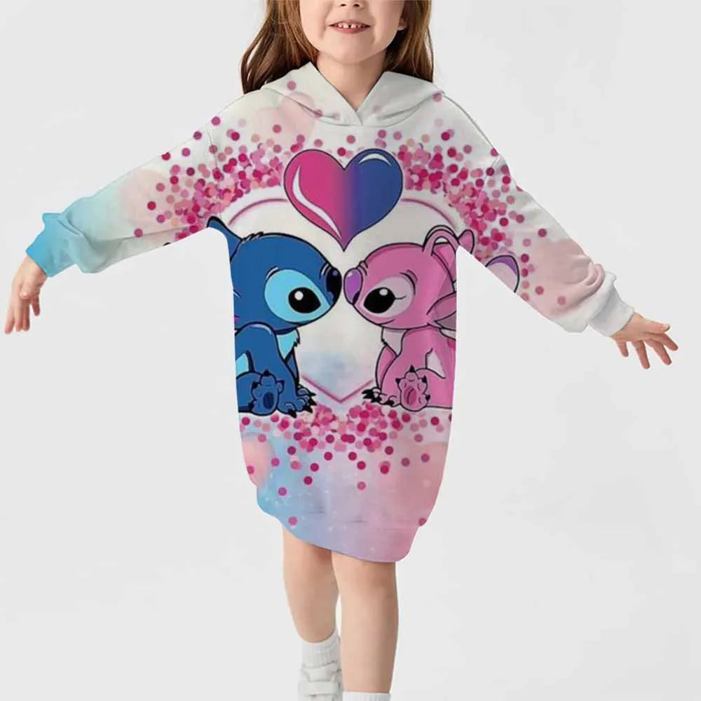 2024 neuer Disney-Stichmuster-Kapuzenrock für Herbst und Winter für Mädchen, süßes, bequemes Langarm-Kapuzenpulloverkleid 