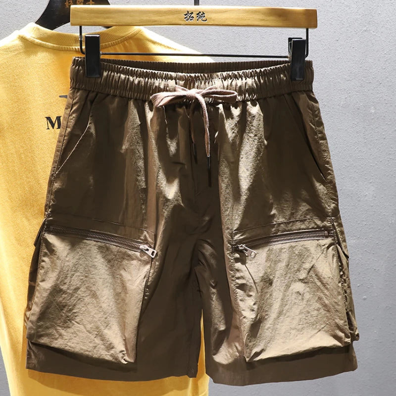 Cargo-Shorts für Herren, einfarbig, locker, trendig, amerikanischer Stil, High Street, mehrere Taschen, Reißverschluss, Alltag, Sommer, Kordelzug, schön, jugendlich 