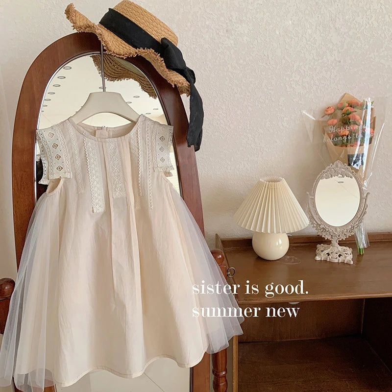 2024 Summer New 2 3 4 5 6 7 8 9 10 12 Years Children Lace Patchwork Cotton Embroidery Sleeveless Loose Dress For Kids Baby Girl