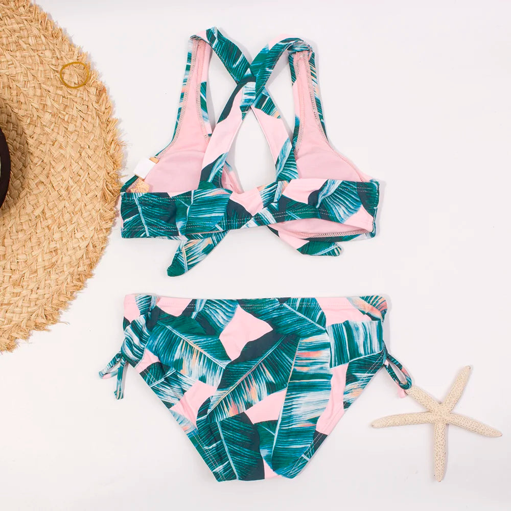 Leaf Print Bandage Girls Kids Swimwear Swimsuit 7-14 Years Falbala Children Bikini Set Wholesale Brand Baby Biquini Infantil 278