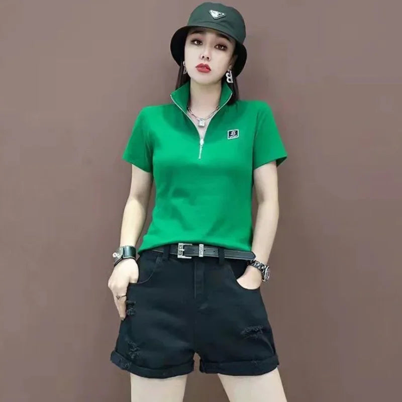 T-shirt Woman Short Sleeve Tee Clothing Green Polo Neck Shirts for Women Tops White Korean Style Polyester Luxury High Quality V clothes