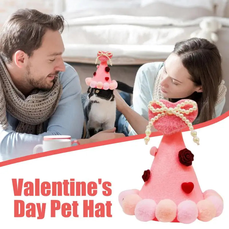Valentine's Day Pet Love Hat Plush Balls Pink Heart Pet Valentines Day Hat Photo Props Pet Dress-Up Clothing Holiday Costume