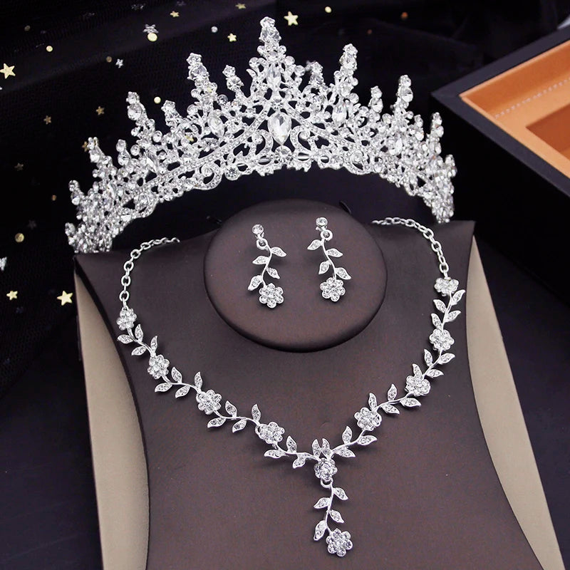 3 pcs Pink Bridal Jewelry Sets for Women Crown Flower Choker Necklace Earring Wedding Tiara Bride Costume Accessories