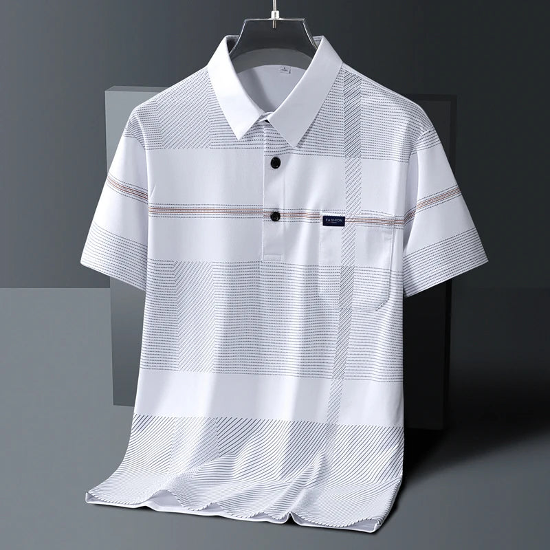 Men's Short Sleeve Button Summer Pullover Striped Pockets T-shirt England Style Casual Formal Turn-down Collar Vacation Tops